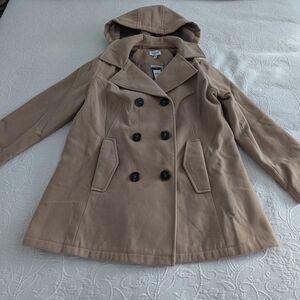 Avenue womens plus size tan hooded faux wool peacoat size 14/16